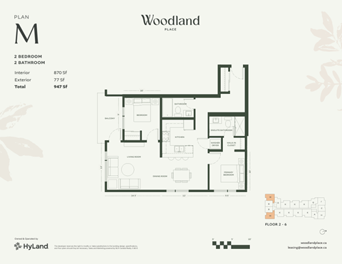 Floor plan for 2 beds, 2 baths, 870 sqft